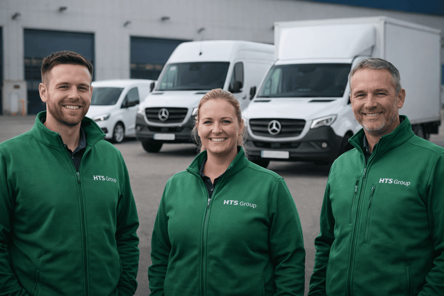 Team HTS Group in uniform voor de vloot en het warehouse
